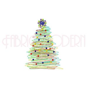 May include: A Christmas tree design created with scribbled lines in shades of green, blue, and yellow, accented with small red, blue, and yellow dots. A dark blue star sits at the top. The text FABRICMODERN is visible in the background.