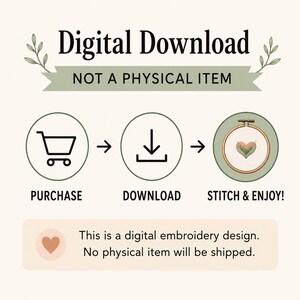 The image is a digital download advertisement for a digital embroidery design, stating that no physical item will be shipped and that the purchase is the only way to download the design.