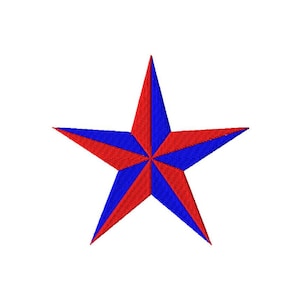 May include: A five-pointed star patch featuring a split design with alternating segments of vibrant red and deep blue embroidery. The star has a clean, symmetrical shape with clearly defined stitched edges and a textured thread finish.