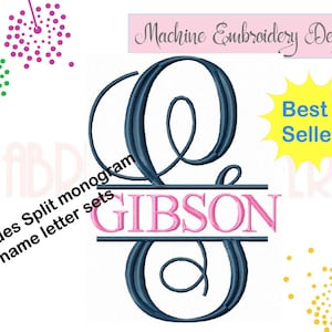 May include: A machine embroidery design featuring a large dark blue cursive letter G with a horizontal split. The name GIBSON is embroidered in pink capital letters within the split. Text includes Machine Embroidery Design and Best Seller.