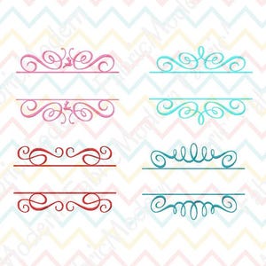 May include: Four distinct embroidery designs featuring decorative scrollwork and flourishes. Two designs are pink, one is red, and one is teal. Each design consists of two mirrored horizontal scroll elements separated by a straight horizontal line.