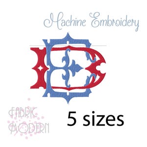 May include: A machine embroidery design featuring an interlocking monogram of the letters E and B. The letter E is rendered in blue, while the letter B is in red. The text Machine Embroidery and 5 sizes are visible in the image.