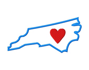 ノースカロライナ州の地図刺繍デザイン、さまざまなサイズのアップリケ、I Heart North Carolina