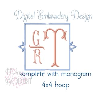 May include: A digital embroidery design featuring a light blue square frame with decorative side accents. Inside, a peach-colored monogram displays the letters G, R, and T. Text reads Digital Embroidery Design, complete with monogram, 4x4 hoop.