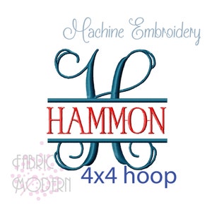May include: Machine embroidery design of the letter H with a split monogram style. The name HAMMON is displayed in red lettering below the letter H. The design is for a 4x4 hoop.