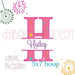 May include: A pink letter H embroidery design featuring small yellow and teal stars, with the name Hailey written in purple script in the center. The design includes the text FABRIC MODERN and 5x7 hoop, surrounded by green, pink, and orange dots.