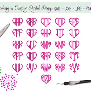 Monograma em forma de coração Fonte SVG Alfabeto Fonte SVG monograma de coração Design de silhueta Cricut svg dxf png jpg #C837