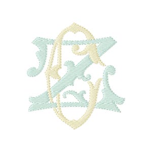 Könnte beinhalten: Ein gesticktes Monogramm mit den ineinander verschlungenen Buchstaben Z und E. Der Buchstabe Z ist in hellminzgrünem Garn mit dekorativen Schnörkeln ausgeführt, während der Buchstabe E in blasscremefarbenem Garn mit einer verzierten, länglichen Form gestickt ist.