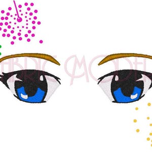 Könnte beinhalten: Ein Stickmuster mit zwei stilisierten Anime-Augen mit braunen Augenbrauen, schwarzen Umrandungen und leuchtend blauen Iris. Das Design wird durch drei kreisförmige, feuerwerksartige Muster in Grün, Pink und Gelb auf weißem Grund ergänzt.