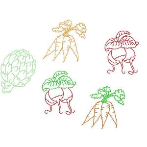 May include: A collection of five embroidered vegetable designs featuring a green artichoke, two orange carrot clusters with leafy tops, and two red radish clusters with green leaves, all rendered in a simple, clean, single-line stitch pattern.