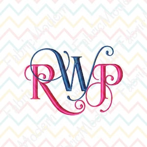 Peut inclure: Un monogramme composé des lettres R, W et P dans une police cursive décorative. Les lettres R et P sont brodées avec un fil rose vif, tandis que la lettre centrale W est brodée avec un fil bleu marine profond aux courbes élégantes.