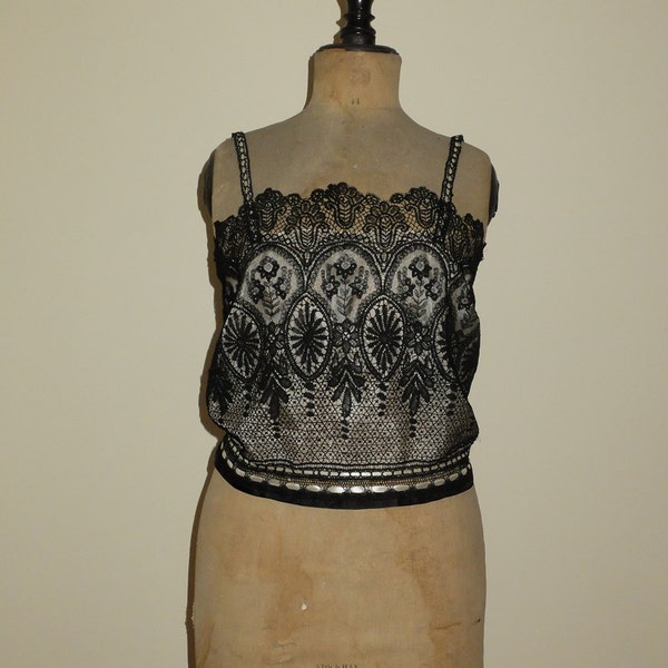 Black 1920's style French antique silk and lace camisole with bobbin lace straps trimmed with satin ribbons