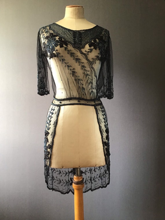 1910s beaded tulle evening over dress, Edwardian d
