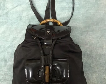 Gucci Authentic Brown Vernish Leather/Nylon BagPack/Handbag Drawstring Bamboo Vintage , Made in Italy , Good Condition