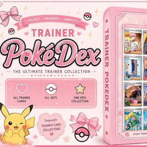 Op de afbeelding: Een lichtroze Trainer PokeDex verzamelkaartenmap met illustraties van Pikachu en Eevee. De kaft toont de tekst Trainer PokeDex, The Ultimate Trainer Collection en bevat een raster van zestien karakterkaarten aan de binnenzijde.