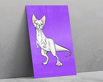 Carte postale - Devon Rex Tyrannosaurus rex hybrid - Cadeau fait main unique et coloré pour les parents de chats, les mamans et les amoureux des dinosaures