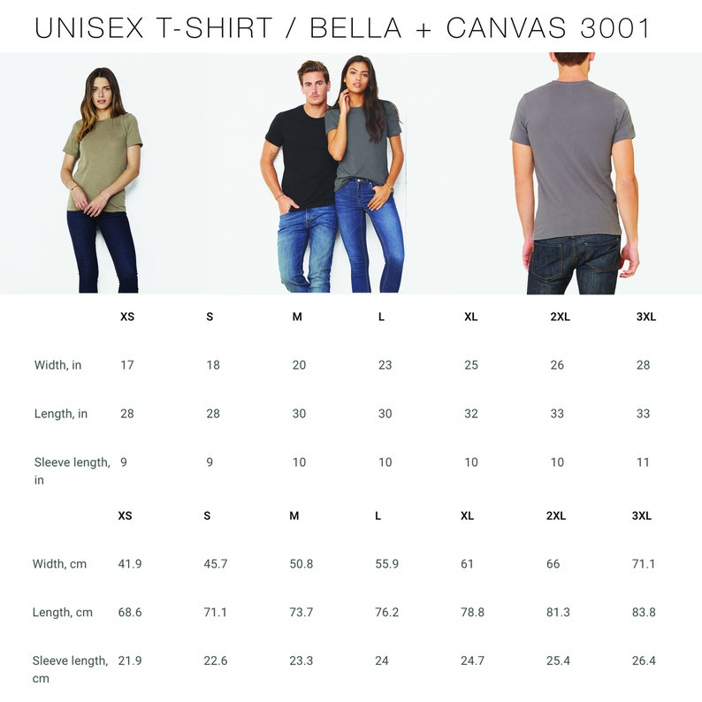 May include: A Bella + Canvas 3001 unisex t-shirt shown in olive, black, and dark gray. The image includes a sizing chart with width, length, and sleeve length measurements in inches for sizes XS through 3XL, alongside a visual display of the shirt.