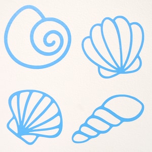 May include: Four blue outline illustrations of seashells. The first is a spiral shell, the second is a clam shell, the third is a clam shell, and the fourth is a conch shell.