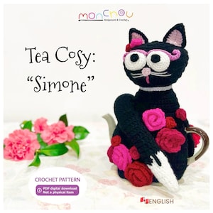 May include: Crochet pattern for a black cat tea cozy with pink and red roses. The pattern is called "Simone" and is available as a digital download.