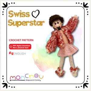 May include: Crochet pattern for a Swiss Superstar amigurumi doll. The doll is wearing a pink dress and a red and white fuzzy jacket. The pattern is available as a digital download in English.