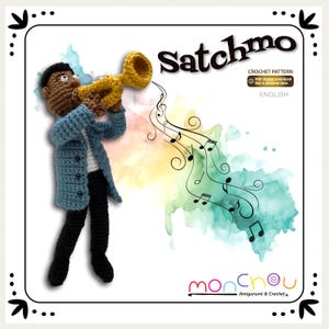 May include: Crochet pattern for a crocheted amigurumi doll of a musician playing a trumpet. The doll is wearing a blue jacket and black pants. The background is a watercolor wash of yellow, green, and blue with musical notes.
