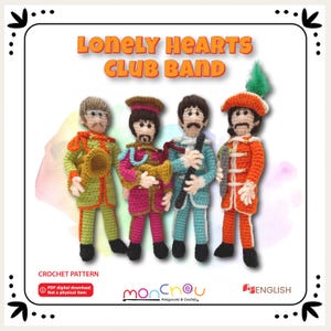 May include: Crochet pattern for a band of four figures in the style of the Beatles. The figures are wearing colourful outfits and holding musical instruments. The pattern is available as a digital download.