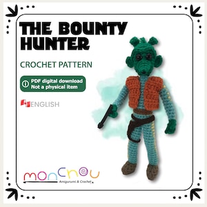 Könnte beinhalten: Häkelanleitung für eine grüne und braune Amigurumi-Figur eines Kopfgeldjägers. Die Anleitung ist als digitaler Download in englischer Sprache verfügbar.
