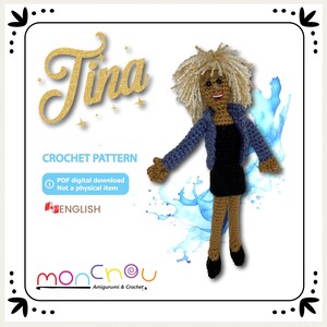 Op de afbeelding: Haakpatroon voor een pop genaamd "Tina" in een blauw jasje en een zwarte jurk. Het patroon is een digitale PDF-download, geen fysiek item. Het patroon is beschikbaar in het Engels.