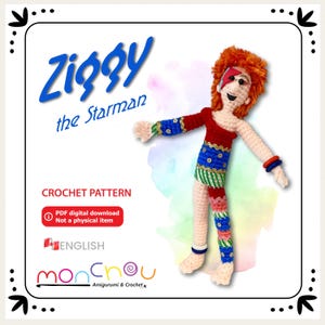 May include: Crochet pattern for a Ziggy Stardust amigurumi doll. The doll is wearing a red, blue, and green costume with a lightning bolt on its face. The pattern is available as a digital download in English.