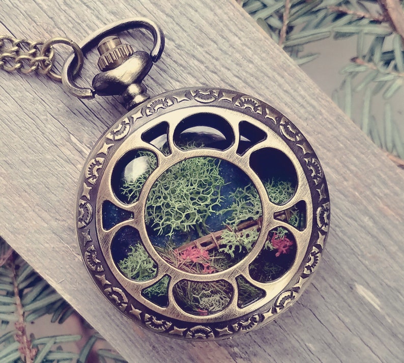 23rd Psalm Pocket Watch Terrarium Necklace by Boomdyada. He makes me lie down in green pastures. Hand crafted miniature landscape diorama. image 8