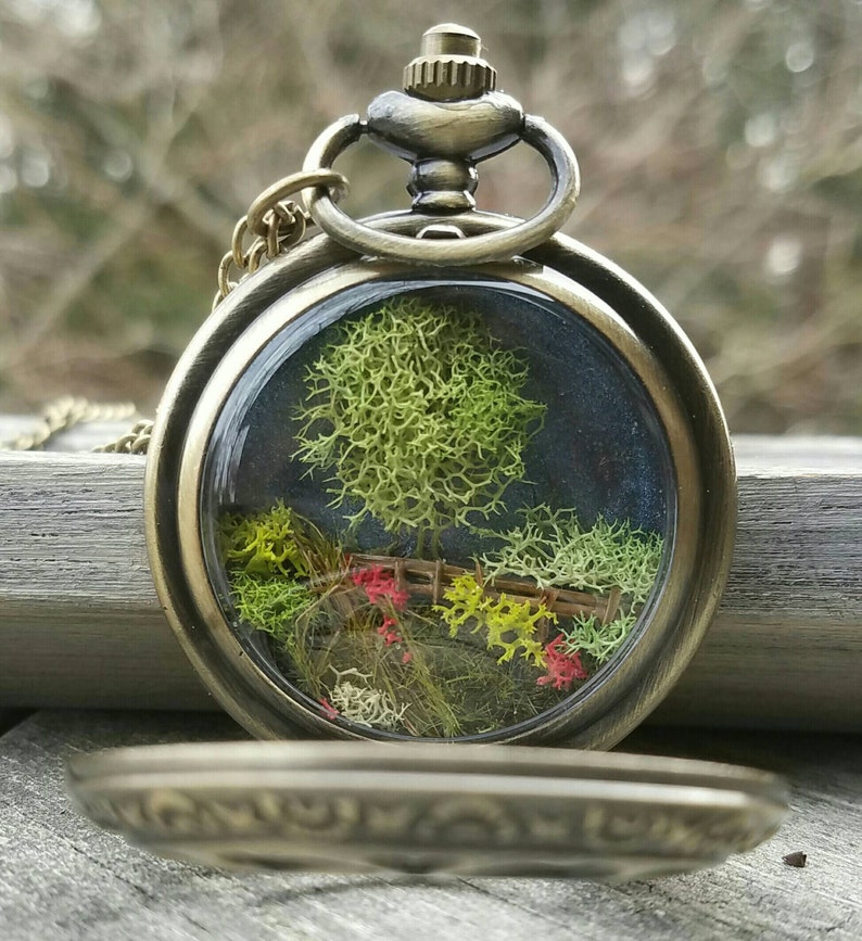 23rd Psalm Pocket Watch Terrarium Necklace by Boomdyada. He makes me lie down in green pastures. Hand crafted miniature landscape diorama. image 3