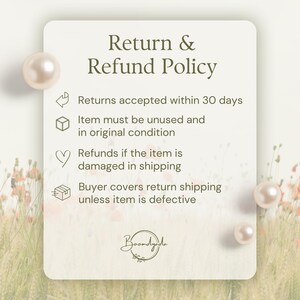 May include: A rectangular sign with rounded corners displaying a Return & Refund Policy. The text outlines 30-day returns, requirements for unused condition, damage policies, and return shipping terms. The sign features pearl accents and a logo.