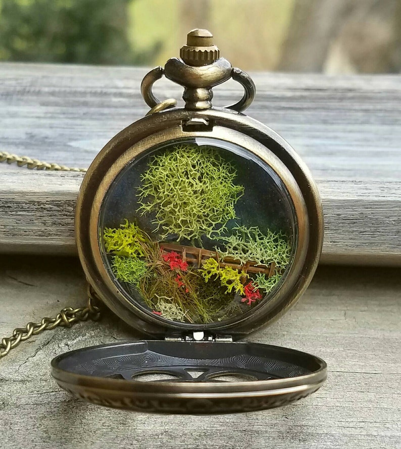 23rd Psalm Pocket Watch Terrarium Necklace by Boomdyada. He makes me lie down in green pastures. Hand crafted miniature landscape diorama. image 5