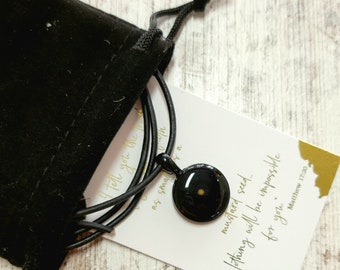 Mustard seed necklace for men in black gunmetal and resin, leather adjustable cord, necklace for Father's Day , faith, inspiration, baptism