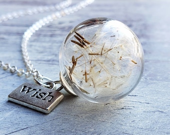 Dandelion seed necklace with silver wish charm, Spring wardrobe, Wish necklace, real dandelion, botanical necklace, wildflower necklace