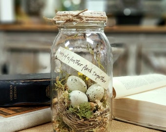 DIY Moss Terrarium Kit with Bird's Nest and Eggs, "Bird's of a Feather" or "Bless This Nest" banner included, Mason Jar Craft