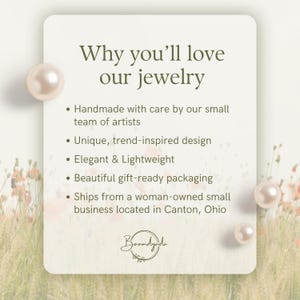 May include: A rectangular off-white card with rounded corners featuring the text Why you'll love our jewelry, followed by five bullet points detailing business practices, and the Boomdyada logo at the bottom, accented by three white pearls.