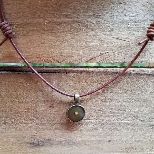 Rustic Mustard Seed Necklace for Men or Women, Adjustable Distressed Leather Cord, Bronze Pendant, Faith, Father's Day, Easter, Graduation