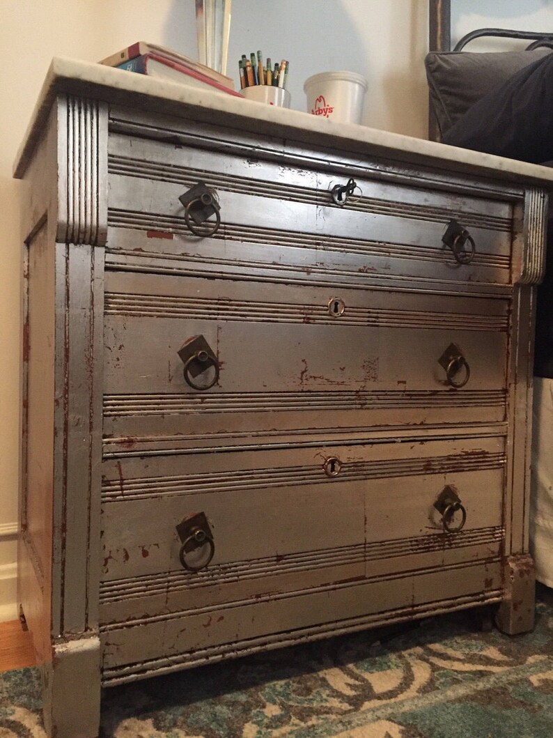 Sold Antique Marble Top Chest Of Drawers With Silver Leaf Etsy