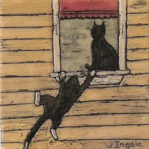 May include: A whimsical illustration depicts two black cats. One cat is inside a window, while the other is climbing up the outside of the building. The artwork is set against a backdrop of yellow wooden siding and a red window frame.