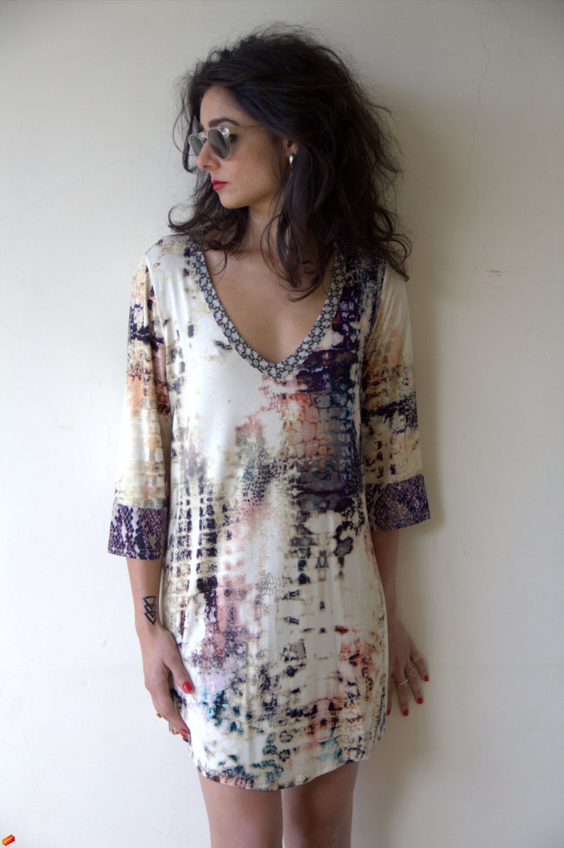 Pastel Midi Dress / Long Sleeves Dress / White And Blue Casual Dress / Mini Dress / Abstract Print Dress / Over Size Dress / V neck Dress