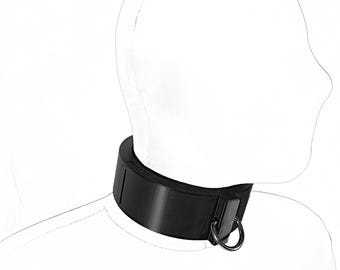 May include: A black leather choker with a metal ring. The choker is wide and has a smooth surface.