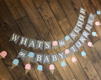 May include: A two-tiered banner made of gray pennant flags strung on twine. The text reads WHAT'S the SCOOP on BABY TORRES? The banner is decorated with alternating pink and light blue ice cream cone cutouts between the words and at the ends.