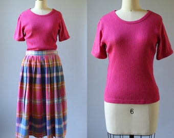 Vtg 80s Fuchsia Pink Ribbed Short Sleeve Knit Tee Top M