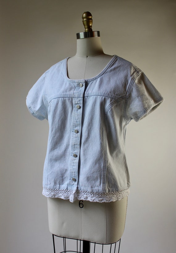 Vintage 80s Bleached Denim Lace Trimmed Prairie J… - image 6