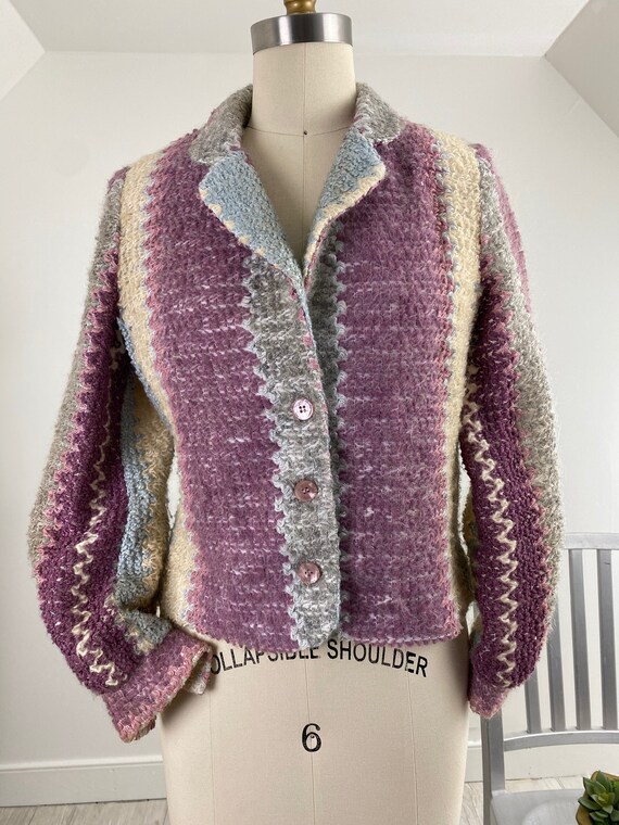 Vtg 80s Cropped Pastel Striped Fuzzy MOHAIR Jacke… - image 4