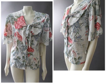 VTG 80s Christie & Jill Flutter Sleeve Romantic ROSEBUD Floral Ruffled BLOUSE M