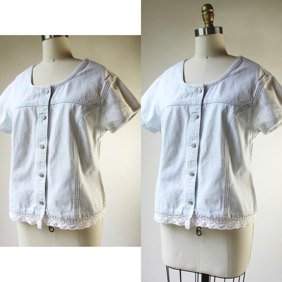 Vintage 80s Bleached Denim Lace Trimmed Prairie J… - image 2