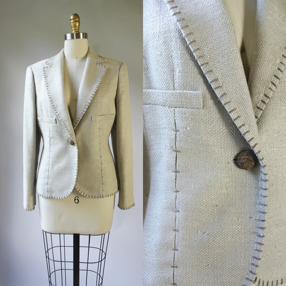 Vintage 90s Raw Silk Oatmeal Tailored Minimalist … - image 3