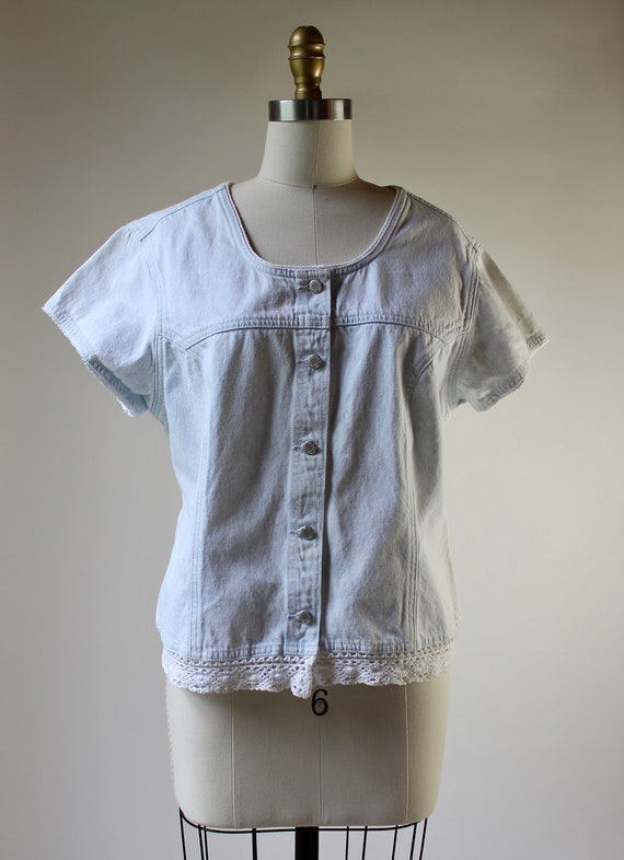 Vintage 80s Bleached Denim Lace Trimmed Prairie J… - image 5